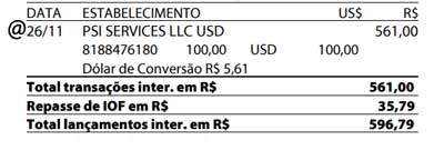 Exemplo de fatura com compras em dólar - 26/11/2020