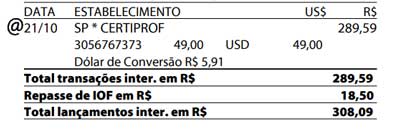 Exemplo de fatura com compras em dólar - 21/10/2020